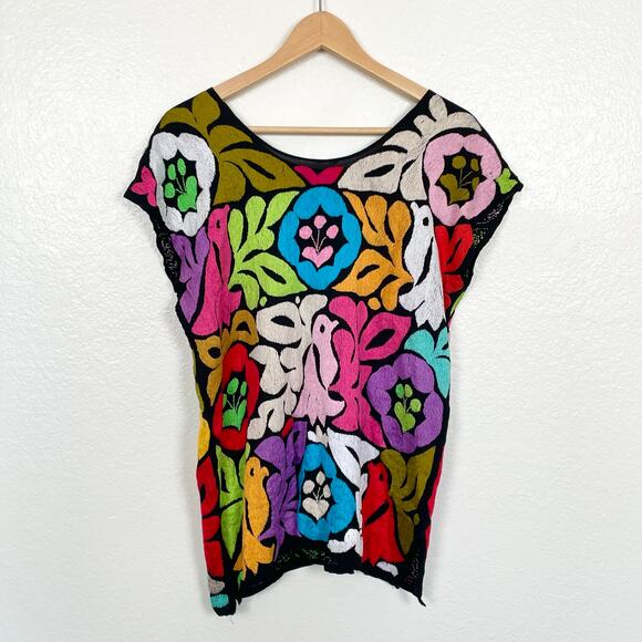 Mexican Colorful Black Hand Embroidered Jalapa Blouse Oaxacan Floral Hand Small - Picture 5 of 15